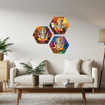 3 Piece Lord Ganesha Hexagon Wall Art Decoration Religious Art for Positivity UV Textured Spiritual Decor for Living Room, Home Temple and Office Paintings